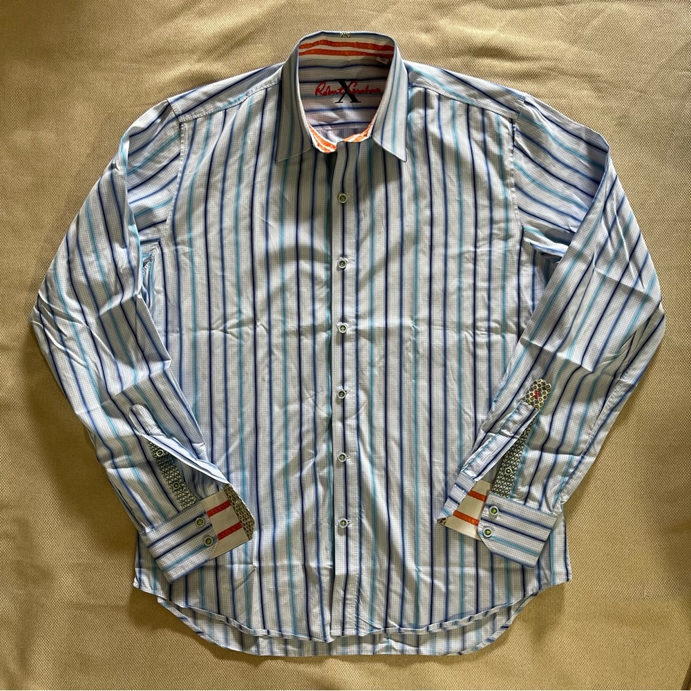 Robert Graham X Mens Shirt Medium Blue Multicolor Flip Cuff Stripes Long Sleeve